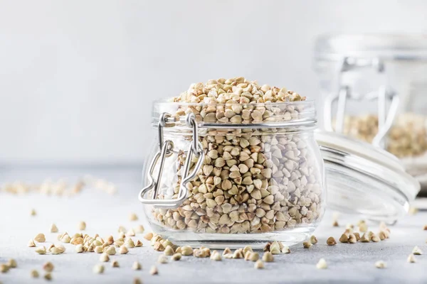 Grüner Buchweizen Glas Gesundes Vegetarisches Essen Oder Rohkost Konzept Grauer — Stockfoto