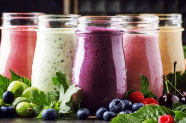 Sağlıklı ve kullanışlı renkli berry cokctalis, smoothies ve yoğurt, taze meyve ve çilek kahverengi tablo, seçici odak milkshakes