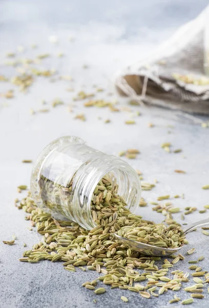 Fennel Seeds Glass Jar Metal Spoon Gray Kitchen Table Background — Stock Photo, Image