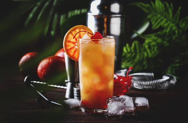 Summer tequila sunrise cocktail with silver tequila, grenadine syrup, orange and ice cubes. Wooden bar counter in the beach bar. Selective focus. Place for text