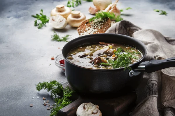 Hot thick mushroom soup with beef, spices and wholegrain barley, meat broth. With black bread, in metal pan, top view, flat lay, gray kitchen table backgound — Stock Image Hot Thick Mushroom Soup Beef Spices Wholegrain Barley Meat Broth Stock Photo