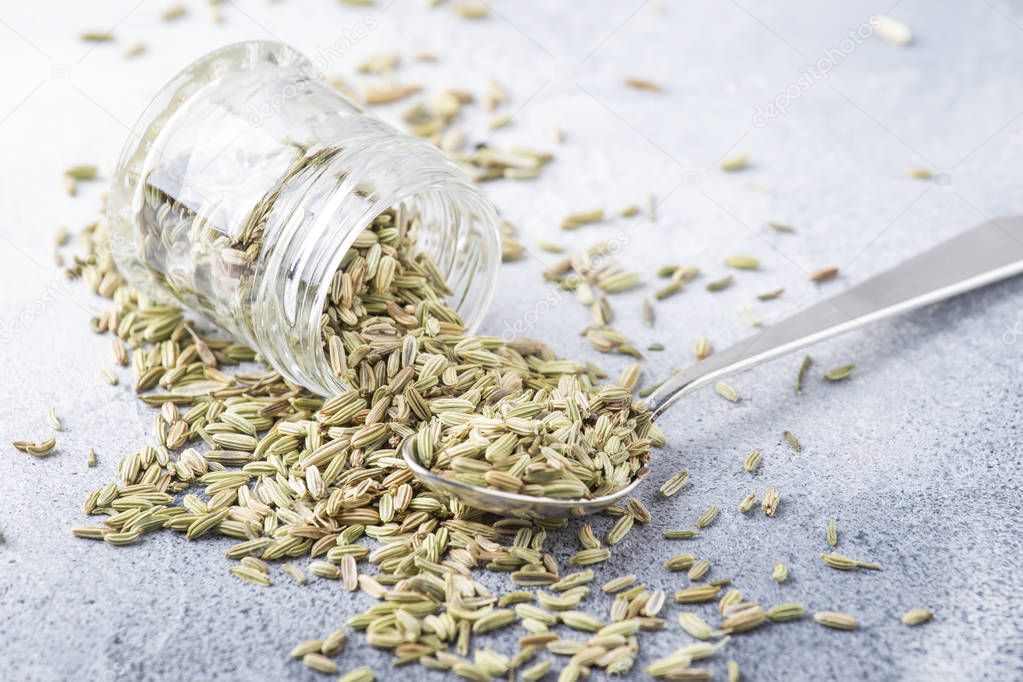 Fennel seeds in small glass jar and silver metal spoon, gray kitchen table background, selective focus