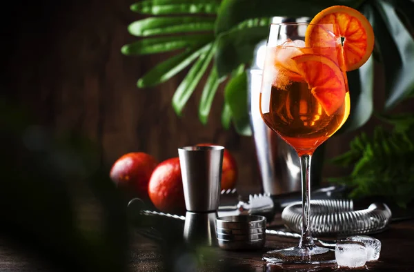 阿佩罗斯布里茨鸡尾酒在大葡萄酒杯与血腥的橙子 夏季意大利新鲜酒精冷饮 木吧柜台背景与工具 夏天心情概念与棕榈树 选择性焦点 — 图库照片