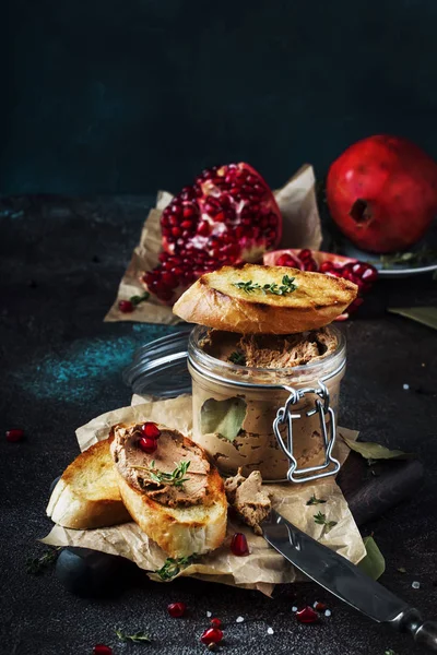 Delicious Chicken Liver Pate Toasted Bread Pomegranate Seeds Thyme Dark — Stock Photo, Image