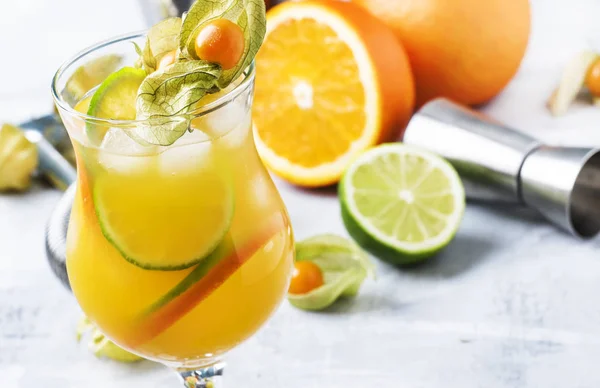 Alcoholic Cocktail Summer Breeze Syrup Lime Orange Beer Ice Selective — Stock Photo, Image