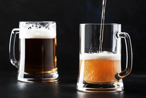 Two Glasses German Light Beer Beer Poured Mug Dark Bar — Stock Photo, Image