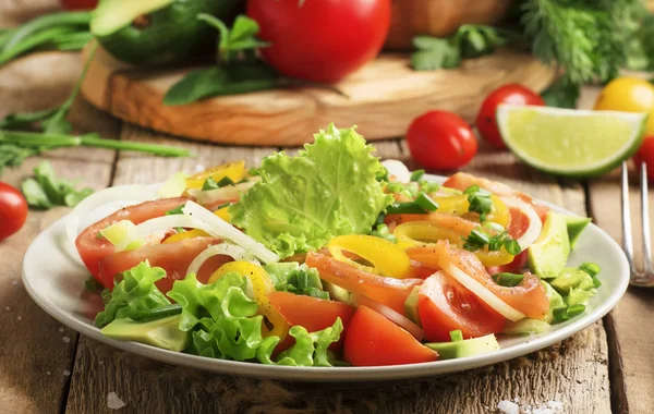 Salad with vegetables, avocado, shrimp and trout, source of omega-3, served in plate, wood kitchen table, selective focus — Stock Image Salad Vegetables Avocado Shrimp Trout Source Omega Served Plate Wood Stock Image
