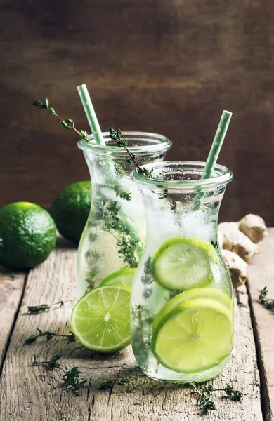 Ginger Ale Mit Limette Kaltes Sommergetränk Mit Thymian Und Eis — Stockfoto