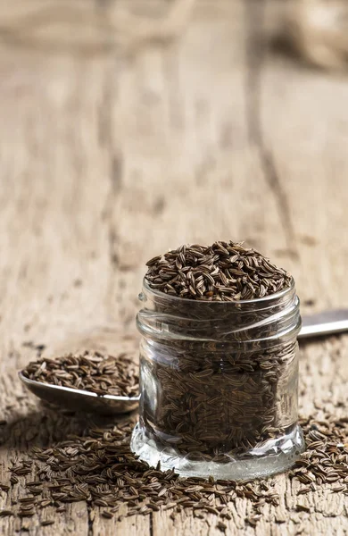 Grano Cumino Nel Barattolo Fondo Legno Vintage Messa Fuoco Selettiva — Foto Stock