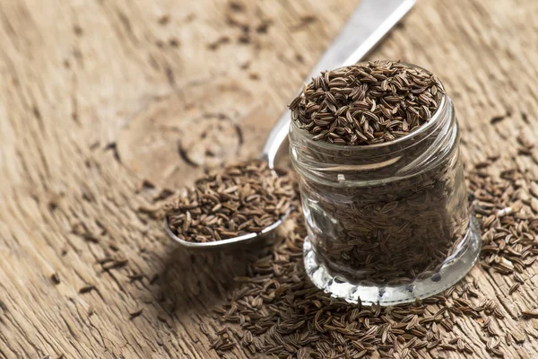 Grano Cumino Nel Barattolo Fondo Legno Vintage Messa Fuoco Selettiva — Foto Stock