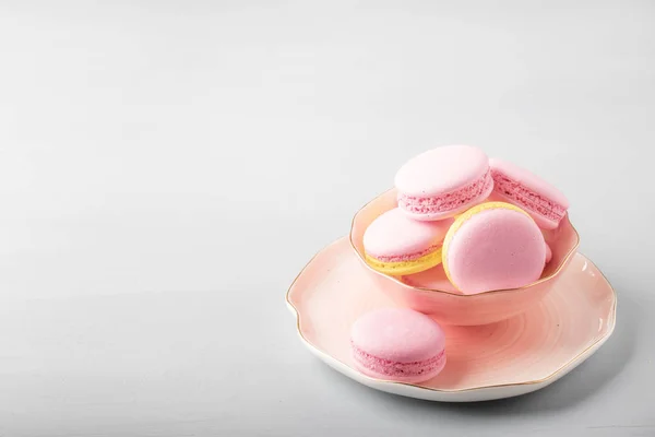 Pink Yellow Macaroons Cakes Gray Blue Table Background Place Text — Stock Photo, Image