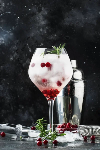 Cranberry Cocktail Ice Fresh Rosemary Red Berries Big Wine Glass — Stock Photo, Image