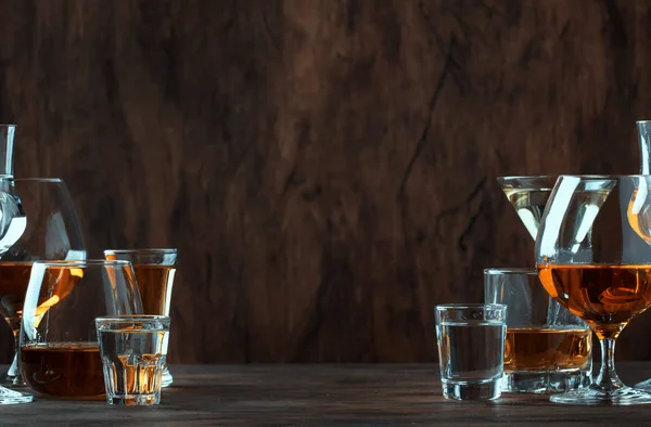 Erős Szellemek Szett Pohár Kemény Alkoholos Italok Választékban Vodka Konyak — Stock Fotó