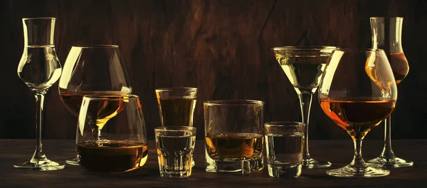 Strong Spirits Set Hard Alcoholic Drinks Glasses Assortment Vodka Cognac — Stock Photo, Image