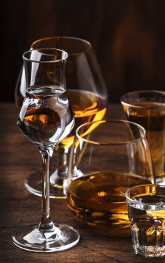 Güçlü Ruhlar Seti. Çeşitli gözlük sert alkollü içecekler: votka, konyak, tekila, brendi ve viski, grappa, likör, vermut, tentür, rom. Vintage bar sayacı arka plan, seçici odak