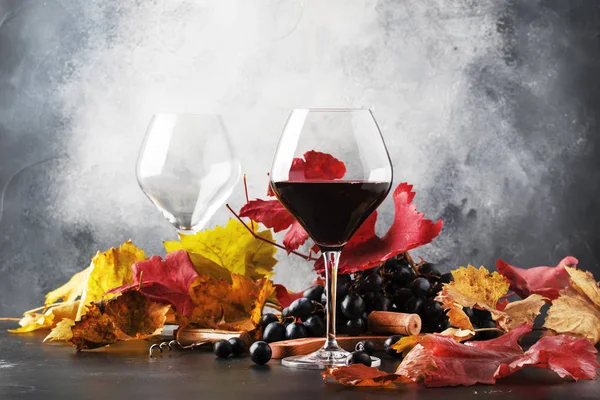 Red Wine Wine Glass Autumn Still Life Red Yellow Leaves — Stock Photo, Image