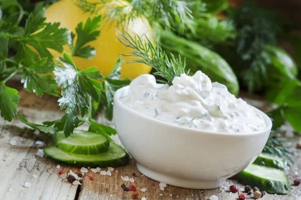 White Greek Sauce White Bowl Cucumber Lemon Juice Herbs Spices — Stock Photo, Image