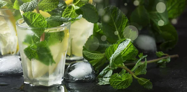 Cocktail Alcoolisé Thé Menthe Rhum Dans Petits Verres Avec Glace — Photo