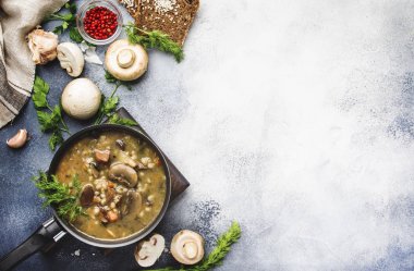 Sığır eti ve kepekli arpa ile sıcak etli sebze mantar çorbası. Siyah ekmek ile, metal tavada, üst görünüm, gri mutfak masası, kopya alanı