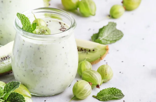 Gooseberry Kiwi Smoothie Milkshake Chia Seeds Gray Table Place Text — Stock Photo, Image