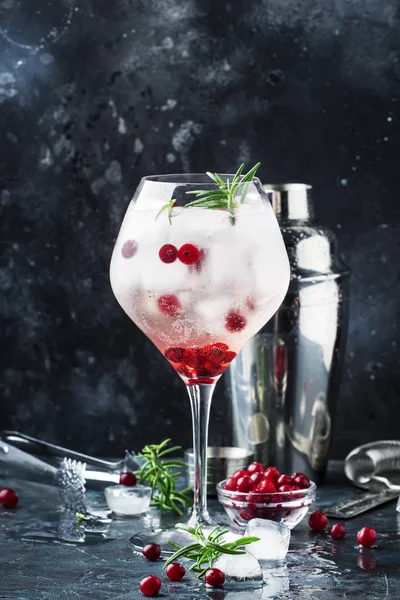 Cranberry Cocktail Met Ijs Verse Rozemarijn Rode Bessen Grote Wijnglas — Stockfoto