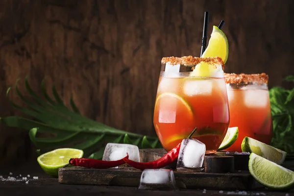 Michelada Mexican Alcoholic Cocktail Beer Lime Juice Tomato Juice Spicy — Stock Photo, Image