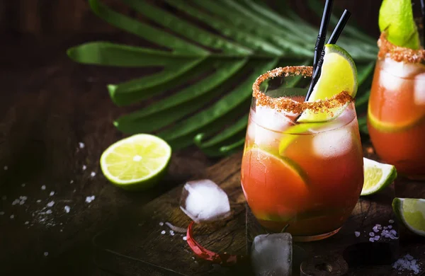 Michelada Mexican Alcoholic Cocktail Beer Lime Juice Tomato Juice Spicy — Stock Photo, Image