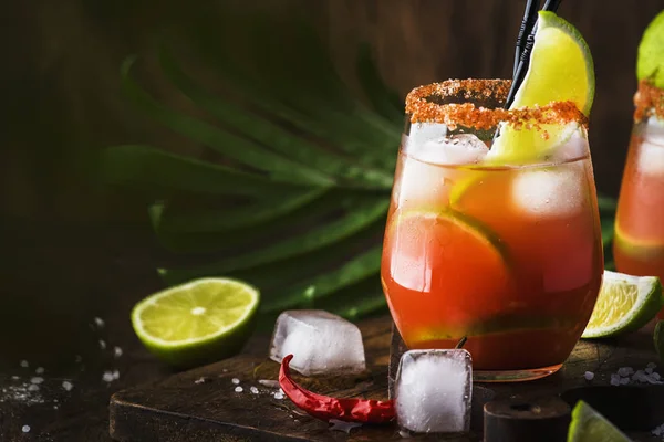 Michelada Mexican Alcoholic Cocktail Beer Lime Juice Tomato Juice Spicy — Stock Photo, Image