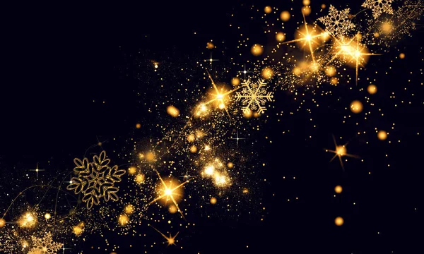 Gouden Zwarte Kerst Nieuwjaar Achtergrond Met Glitter Sneeuwvlokken Sterren Bokeh — Stockfoto