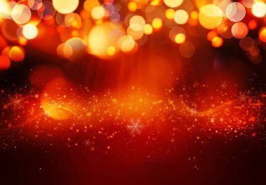 Parlak, kar taneleri, yıldızlar, Festival degrade arka planda bokeh altın ışıklar ile altın kırmızı Noel veya yeni yıl arka plan, bitmap illüstrasyon