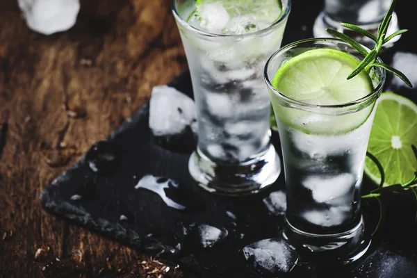 Klassisk Gin Tonic Cocktail Med Lime Och Rosmarin Vintage Bar — Stockfoto