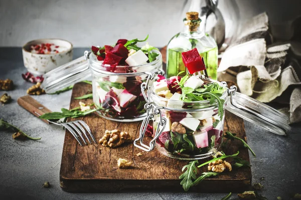 Beet Cheese Healthy Salad Arugula Walnuts Trendy Salad Jar Gray — Stock Photo, Image