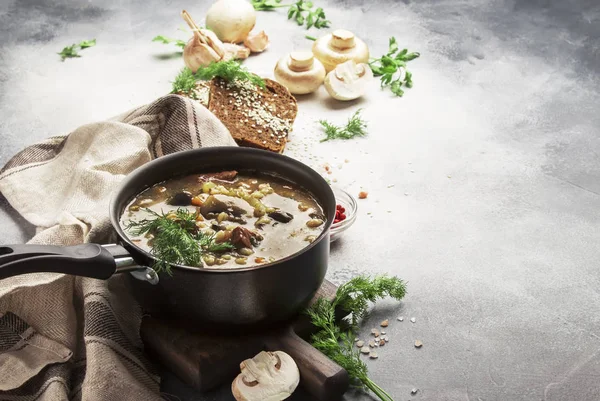 Autumn or winter meat vegetable mushroom hot soup with beef and wholegrain barley. With black brea and parsley, top view, gray kitchen table, copy space — Stock Image Autumn Winter Meat Vegetable Mushroom Hot Soup Beef Wholegrain Barley Stock Photo