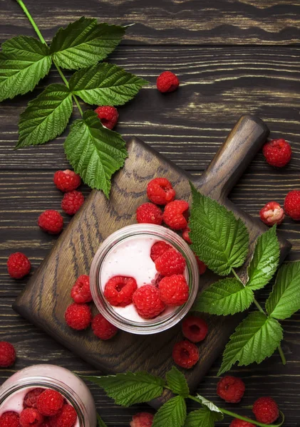 Raspberry Smoothie Glass Jar Fresh Berry Greek Yogurt Pink Stone — Stock Photo, Image