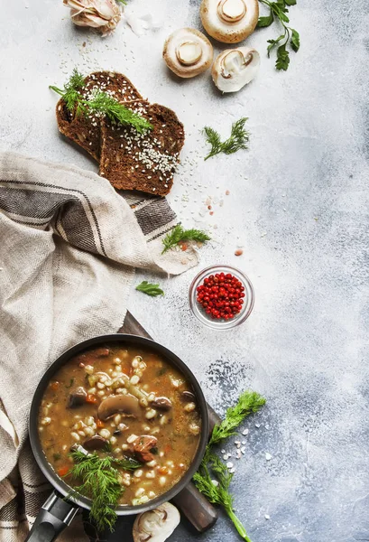 Autumn or winter meat vegetable mushroom hot soup with beef and wholegrain barley. With black brea and parsley, top view, gray kitchen table, copy space — Stock Image Autumn Winter Meat Vegetable Mushroom Hot Soup Beef Wholegrain Barley Royalty Free Stock Photos