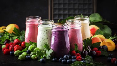 Renkli berry cokctalis, smoothies ve taze meyve ve çilek kahverengi masada, kopya alanı, seçici odak ile milkshakes
