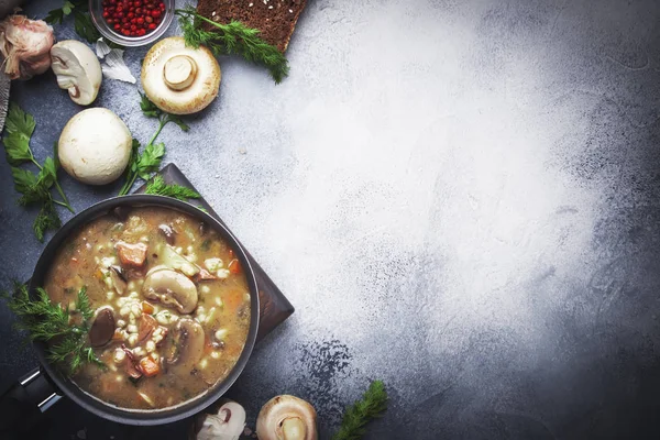 Autumn or winter meat vegetable mushroom hot soup with beef and wholegrain barley. With black brea and parsley, top view, gray kitchen table, copy space — Stock Image Autumn Winter Meat Vegetable Mushroom Hot Soup Beef Wholegrain Barley Royalty Free Stock Photos