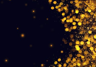 Altın siyah Noel veya glitter ile yeni yıl arka plan, kar taneleri, yıldızlar, bokeh altın ışıklar, kopya alanı ile şenlikli karanlık tarzı arka plan, raster illüstrasyon