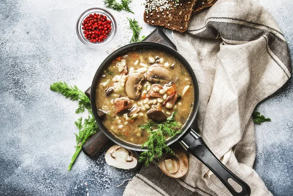 Sopa Quente Cogumelos Vegetais Carne Outono Inverno Com Carne Bovina — Fotografia de Stock