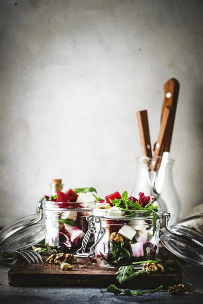 Beet Cheese Healthy Salad Arugula Walnuts Trendy Salad Jar Gray — Stock Photo, Image
