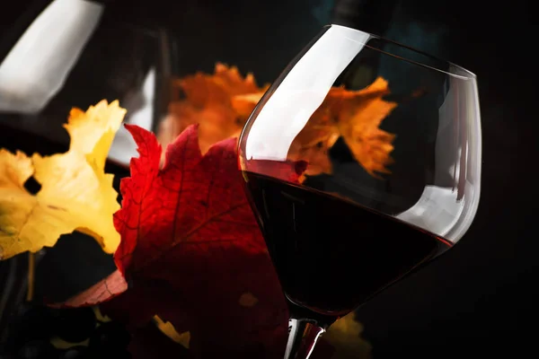 大きなワイングラスのドライレッドワイン 葉のある秋の静物 ワインテイスティングコンセプト 素朴なスタイル 選択的な焦点 — ストック写真