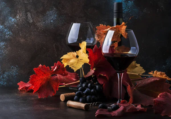 Trockener Rotwein Großen Weinglas Herbststillleben Mit Blättern Degustationskonzept Rustikaler Stil — Stockfoto
