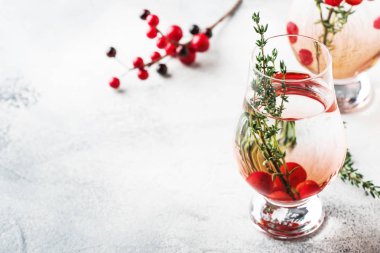 Kırmızı çilek, likör, cin, kekik ve Noel veya Yeni Yıl için votka ile Kış alkollü kokteyl. Tatil masası ayarı