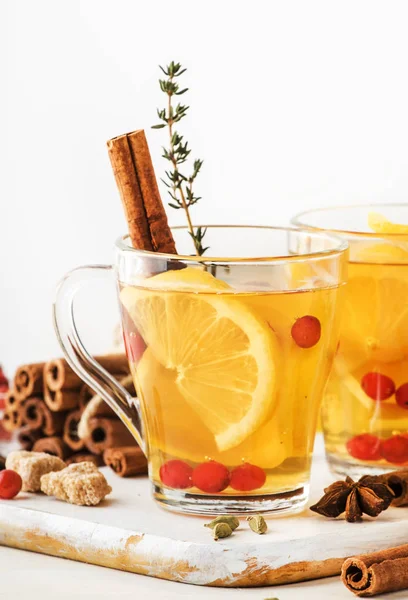 Winter Autumn Healing Hot Tea Lemon Cranberries Thyme Spices White — Stock Photo, Image