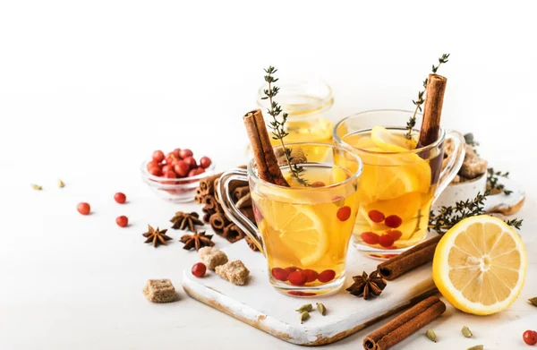 Winter Autumn Healing Hot Tea Lemon Cranberries Thyme Spices White — Stock Photo, Image