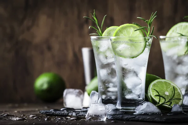 Klassisk Gin Tonic Cocktail Med Lime Och Rosmarin Vintage Bar — Stockfoto