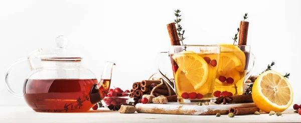 Winter Autumn Healing Hot Tea Lemon Cranberries Thyme Spices White — Stock Photo, Image
