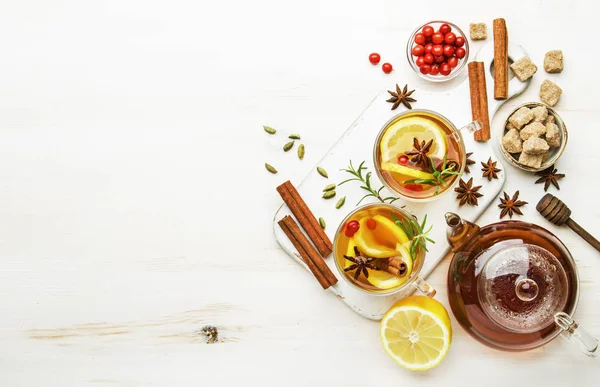 Winter Autumn Warming Hot Tea Lemon Cranberries Spices White Background — Stock Photo, Image