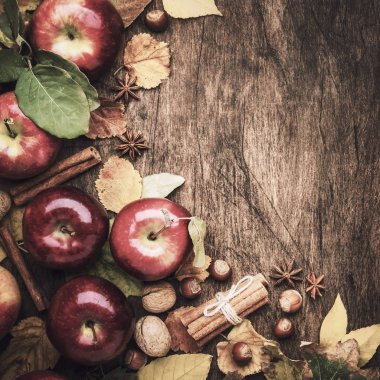 Sonbahar yemekleri geçmişi. Fındıklı olgun elmalar, dökülen yapraklar ve kırsal ahşap masa üzerinde tarçın. Üst Manzara. Boşluğu kopyala