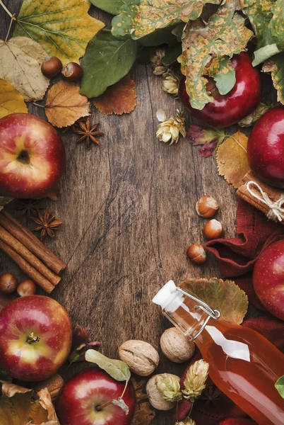 Apple cider vinegar. Bottle of fresh apple organic vinegar on wooden table background with cinnamon sticks, anise star, nuts and fallen leaves. Healthy organic food. Copy space